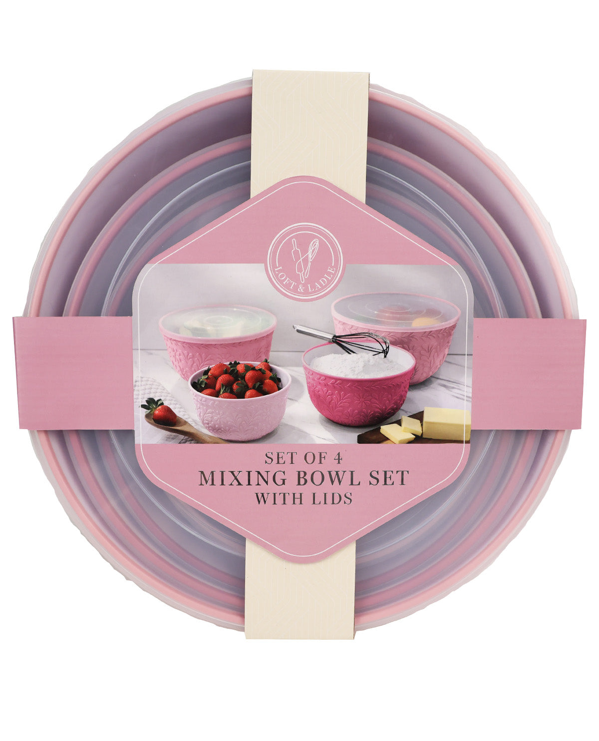 A set of four round mixing bowls with lids in a dusty pink and lavender color scheme, packaged with a pink and cream paper band and a central label showing product photos.
