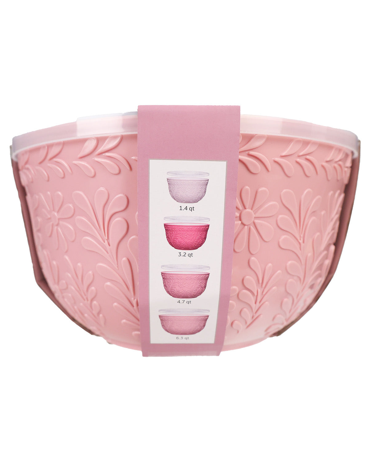 A pink embossed floral mixing bowl with a matching pink lid, wrapped in a pink paper band showing size and capacity labels, on a white background.