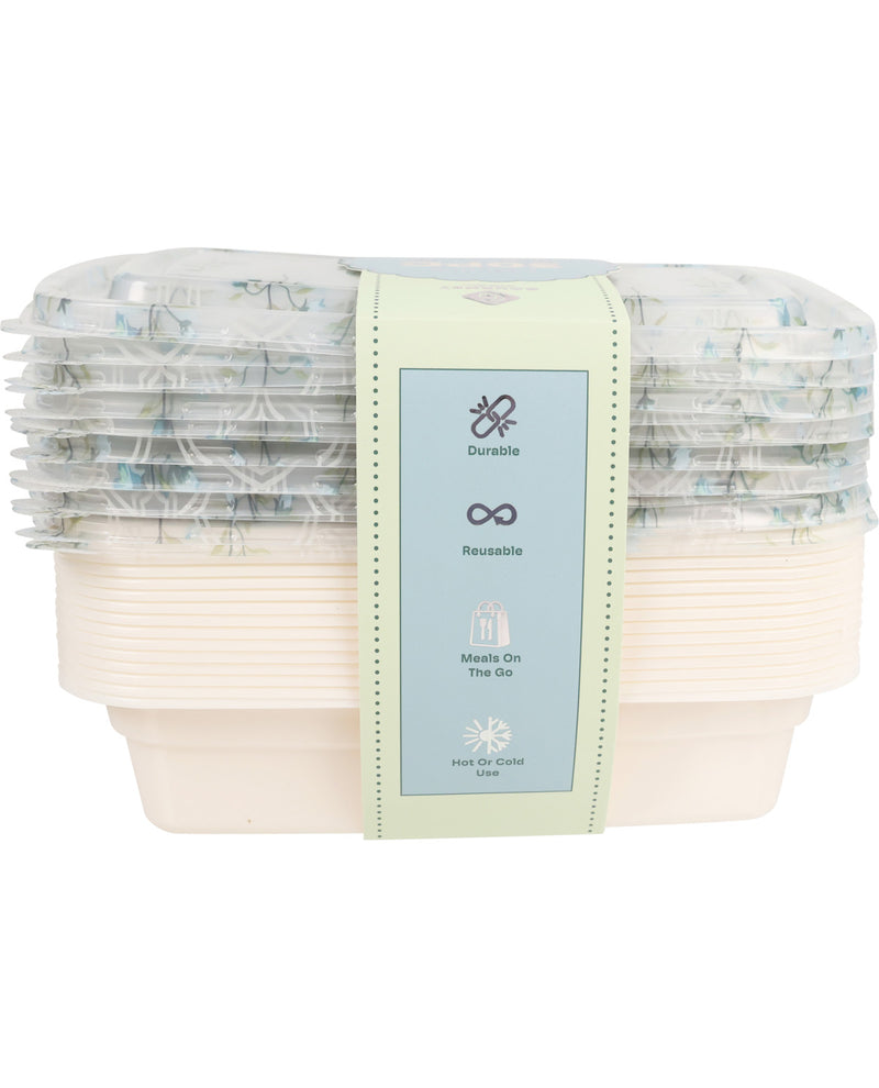 Stack of disposable food containers with a green label on a white background