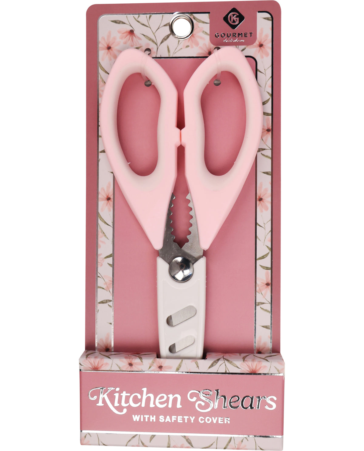 Pink kitchen shears with safety cover in packaging on a white background