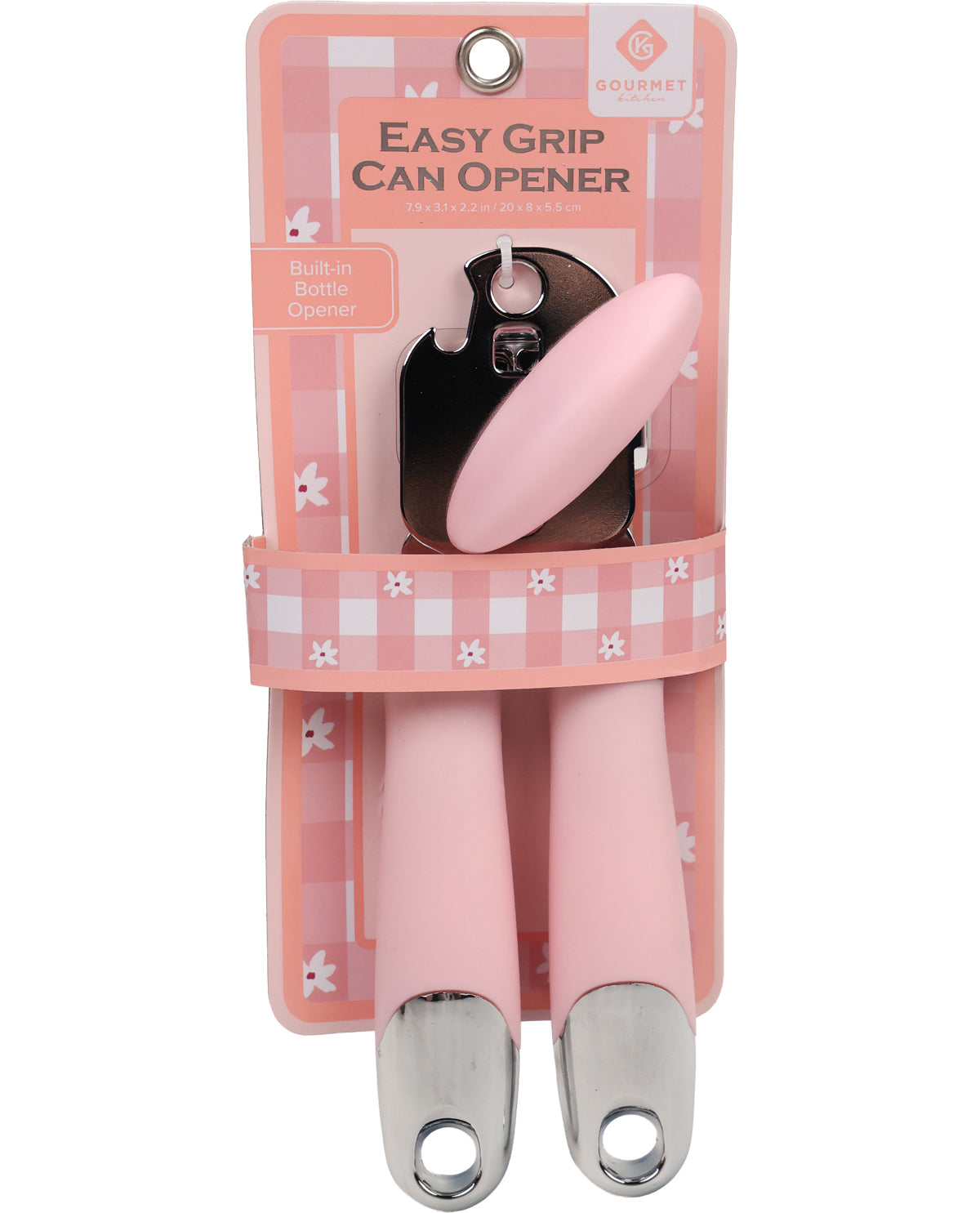 Pink can opener with metal blades in packaging on a white background