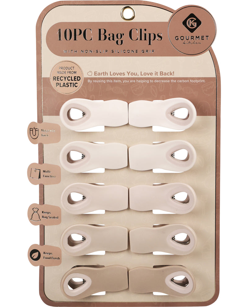 Packaging of 10PC Bag Clips with recycled plastic information on a beige background