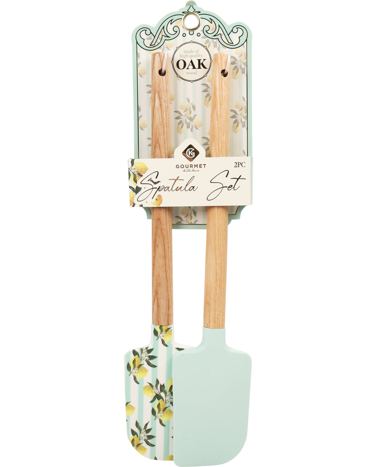 Set of two spatulas with floral and lemon designs in packaging on a white background