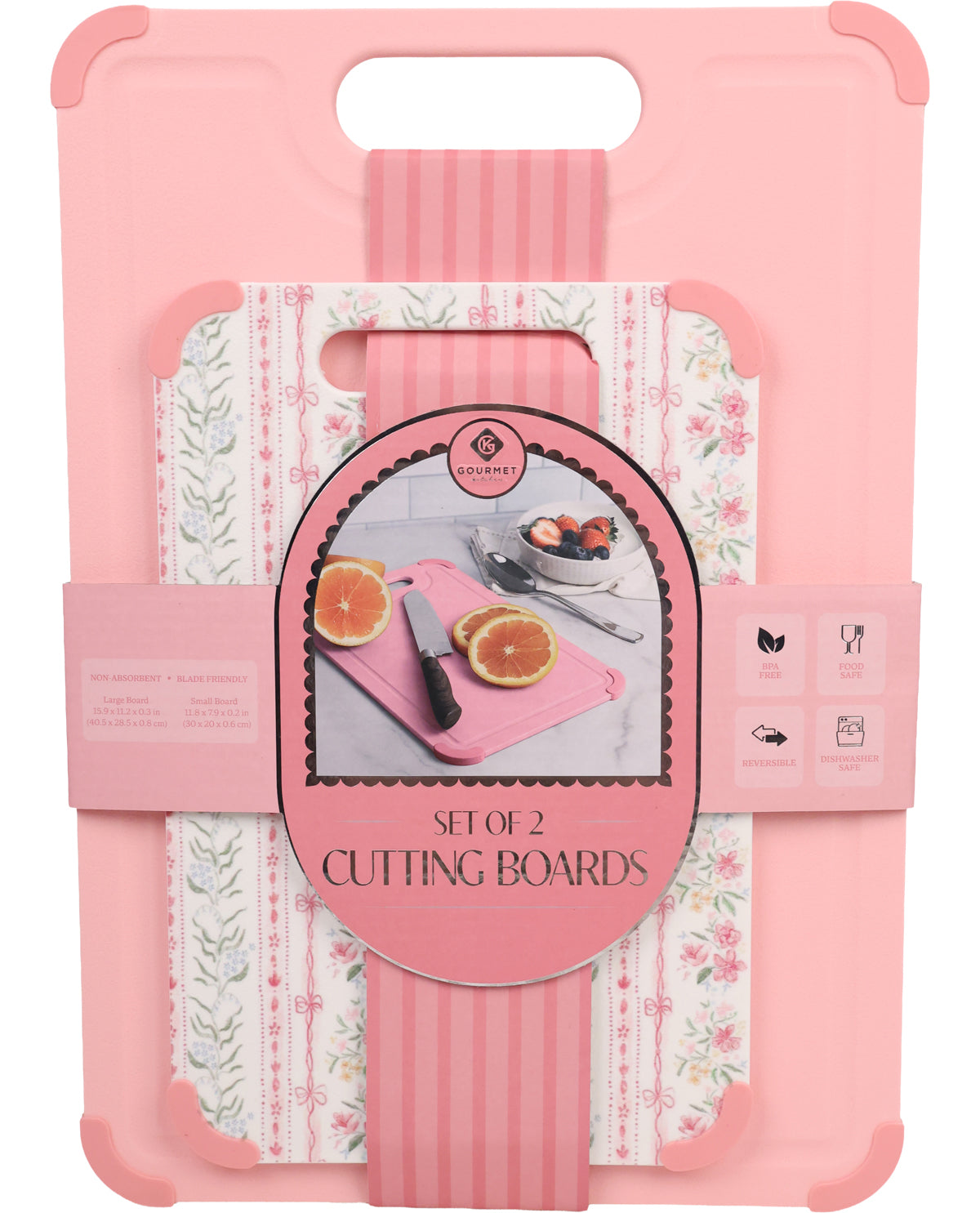 Set of 2 cutting boards in pink packaging with images of the boards on the front.