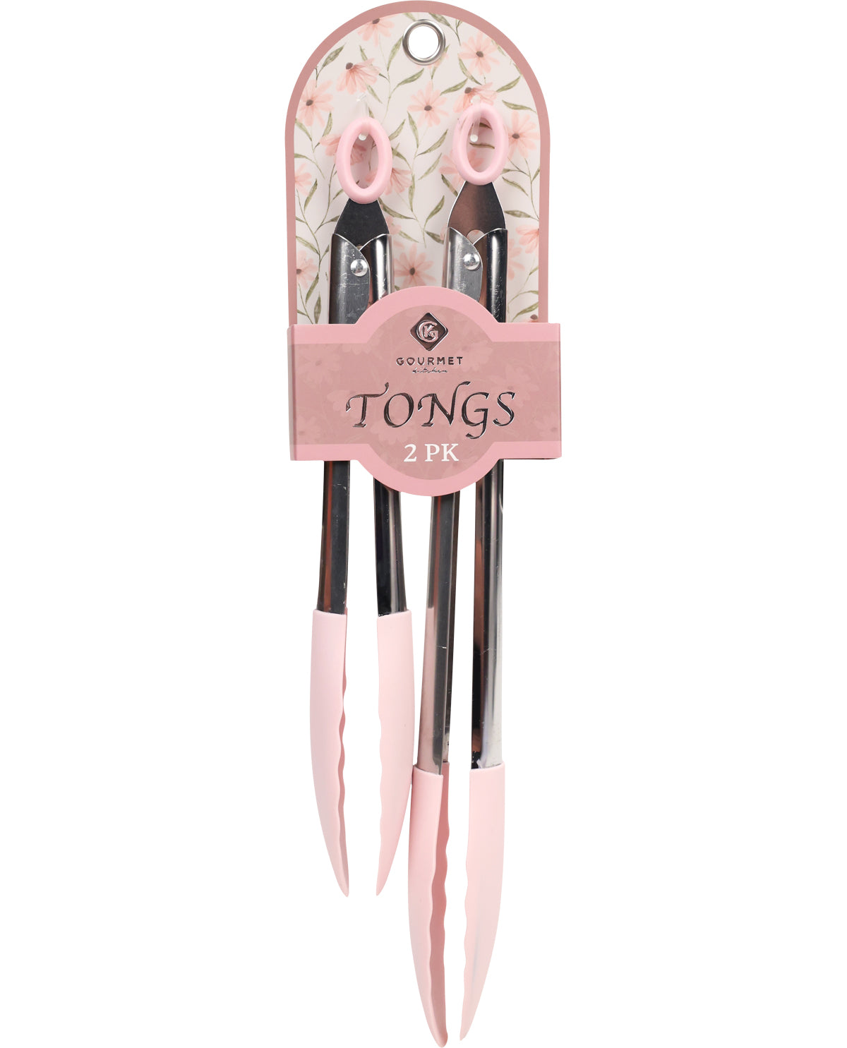 Set of pink tongs in a decorative packaging with floral design on a white background