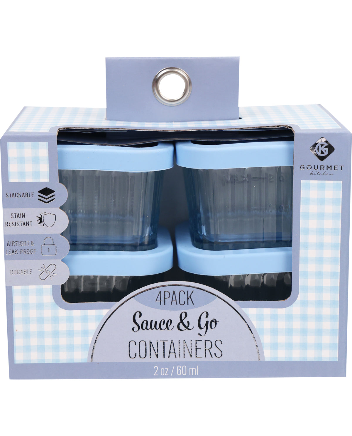 Packaging of 4-pack sauce and go containers with blue checkered pattern