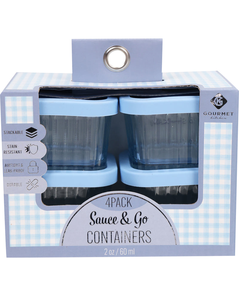 Packaging of 4-pack sauce and go containers with blue checkered pattern