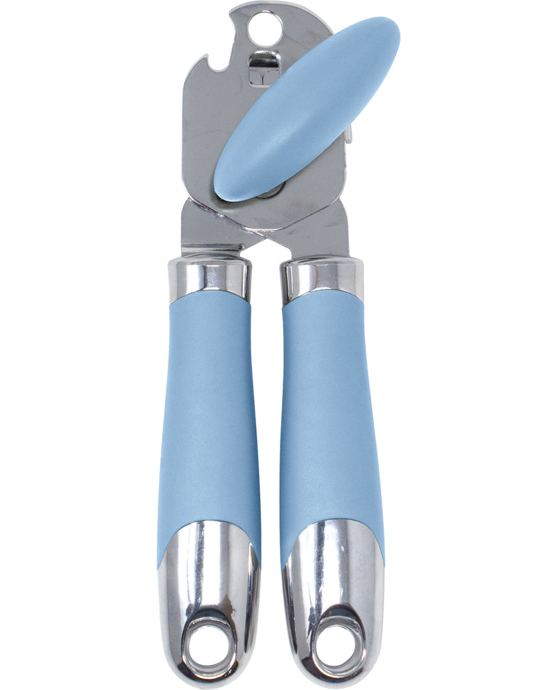 A can opener with light blue handles and a matching light blue top lever, featuring a polished silver metal body and chrome accents, isolated on a white background.
