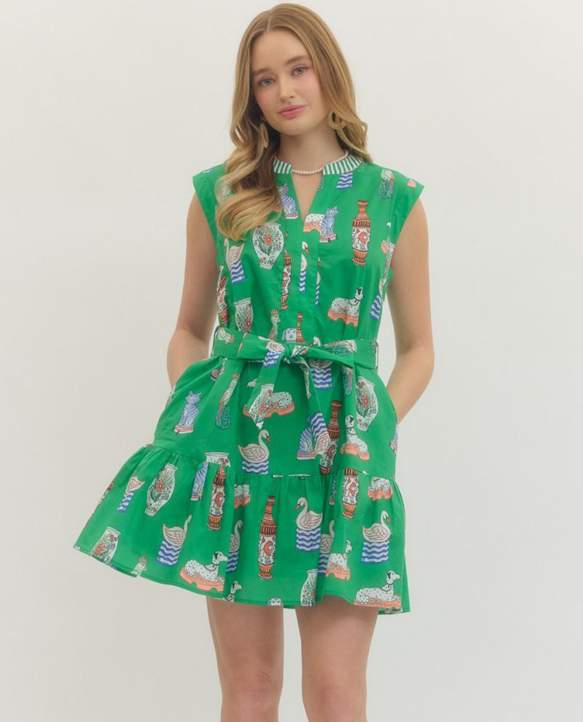 Entro Print Tie Waist Dress Green
