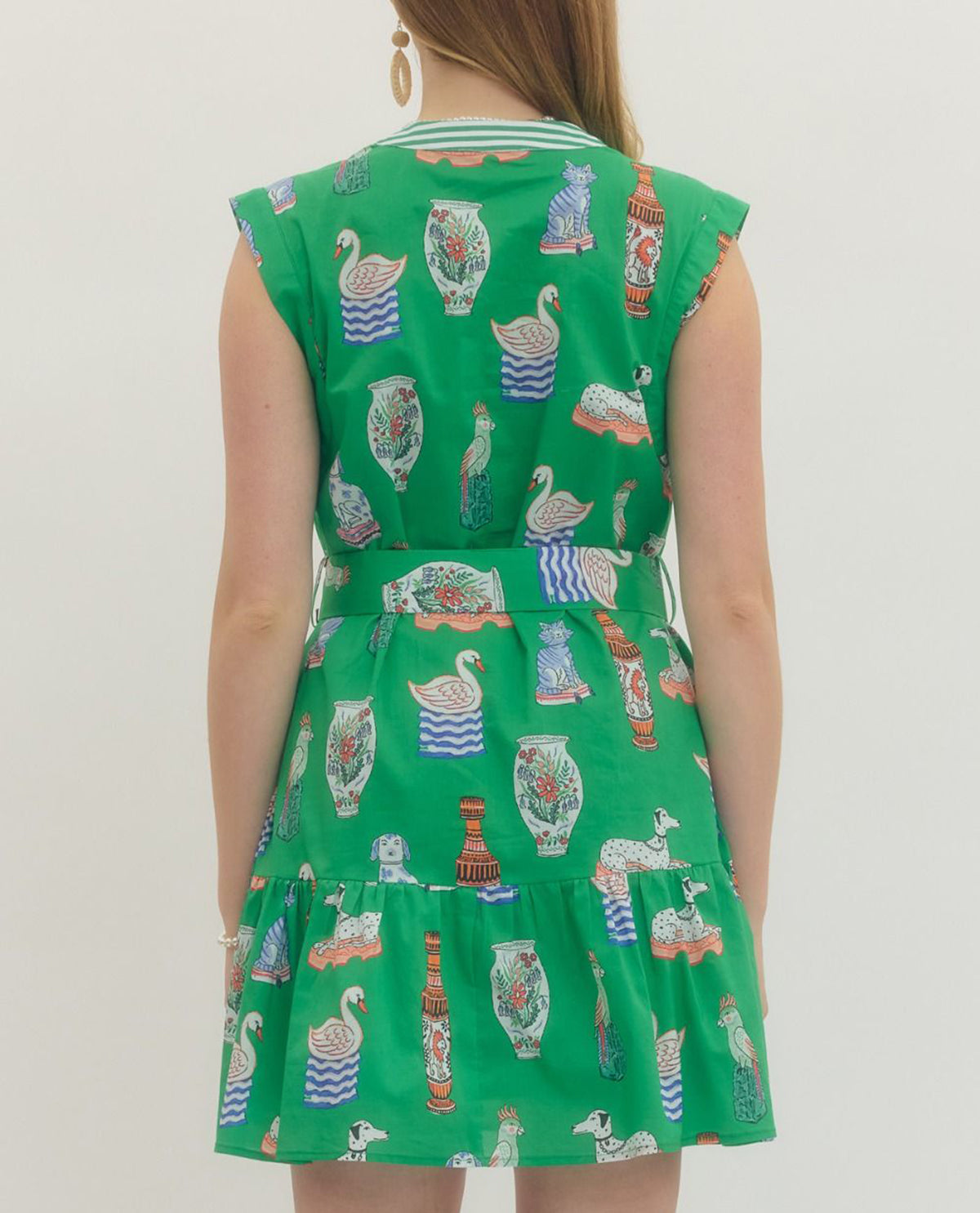 Entro Print Tie Waist Dress Green