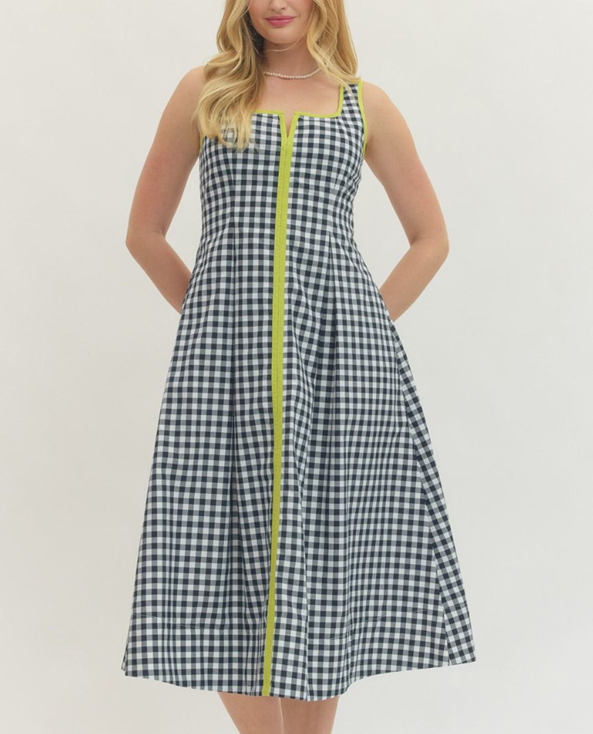 Entro Gingham Print Dress With Solid Trim Navy
