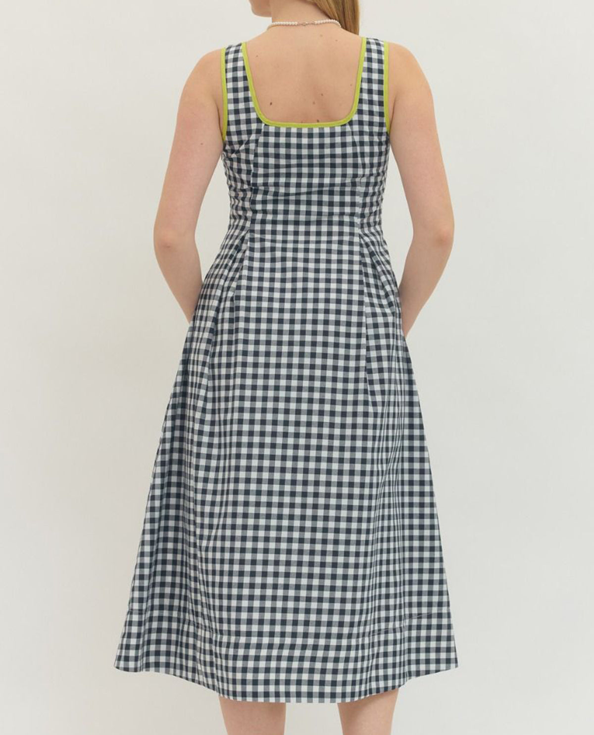 Entro Gingham Print Dress With Solid Trim Navy