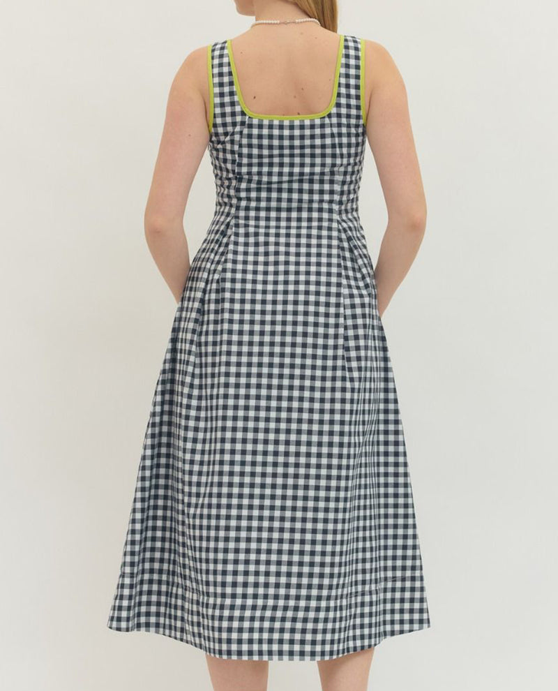 Entro Gingham Print Dress With Solid Trim Navy