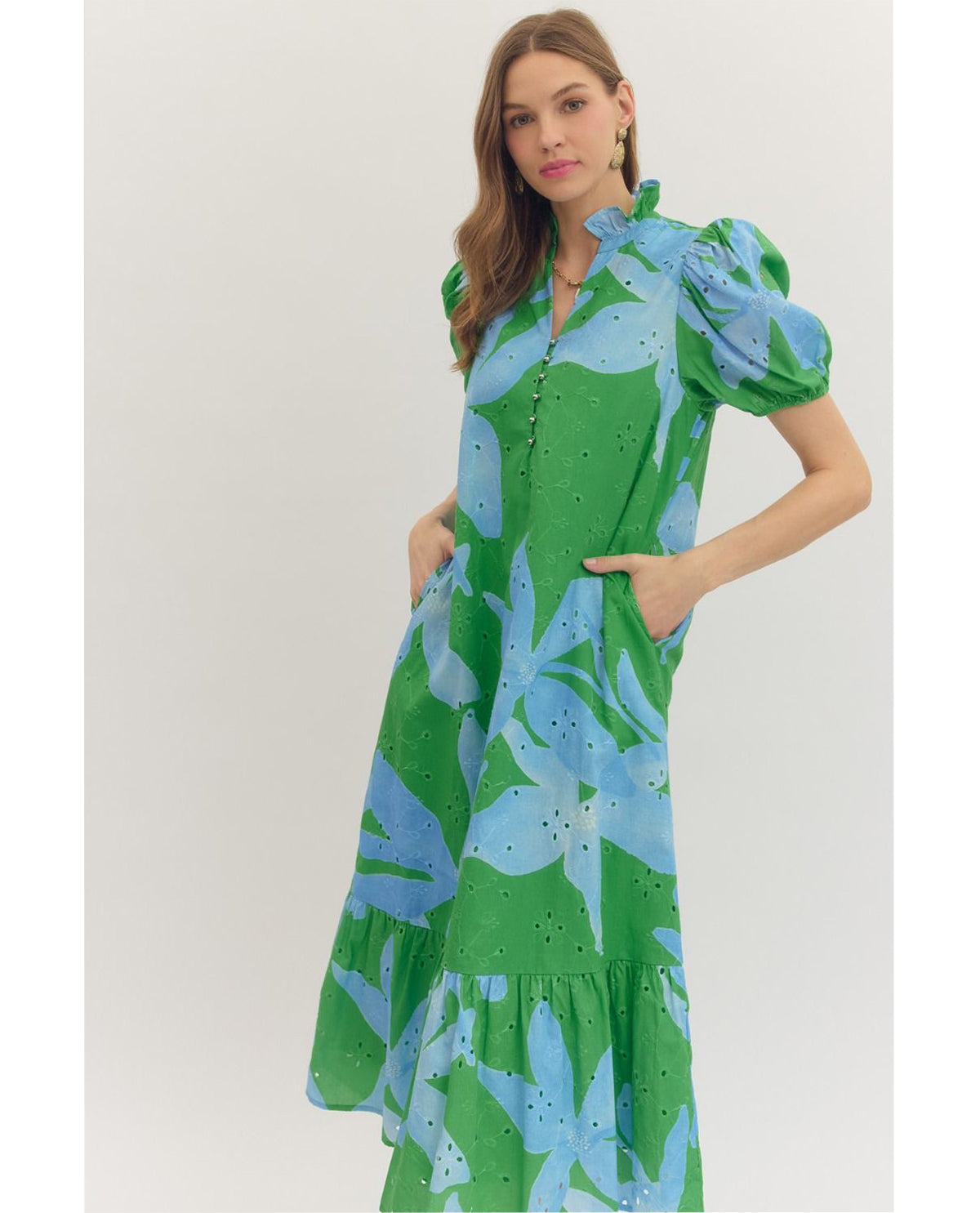 Entro Print Pointelle Dress With Ruffle Neck