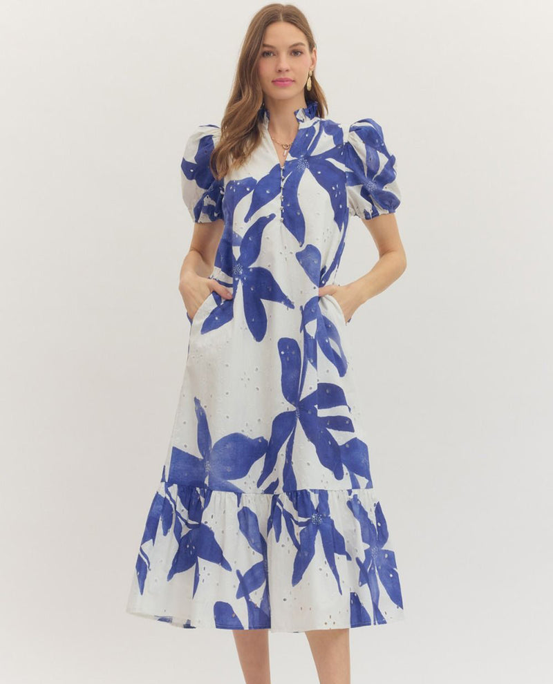 Entro Print Pointelle Dress With Ruffle Neck