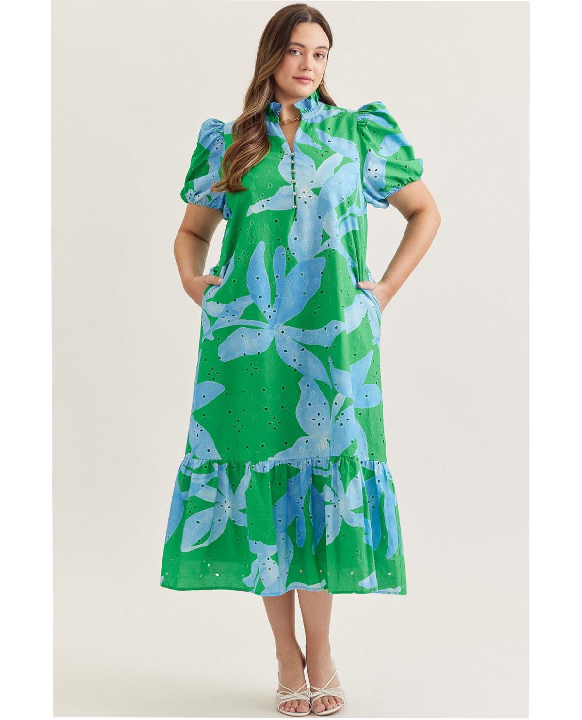 Entro Print Pointelle Dress With Ruffle Neck Green