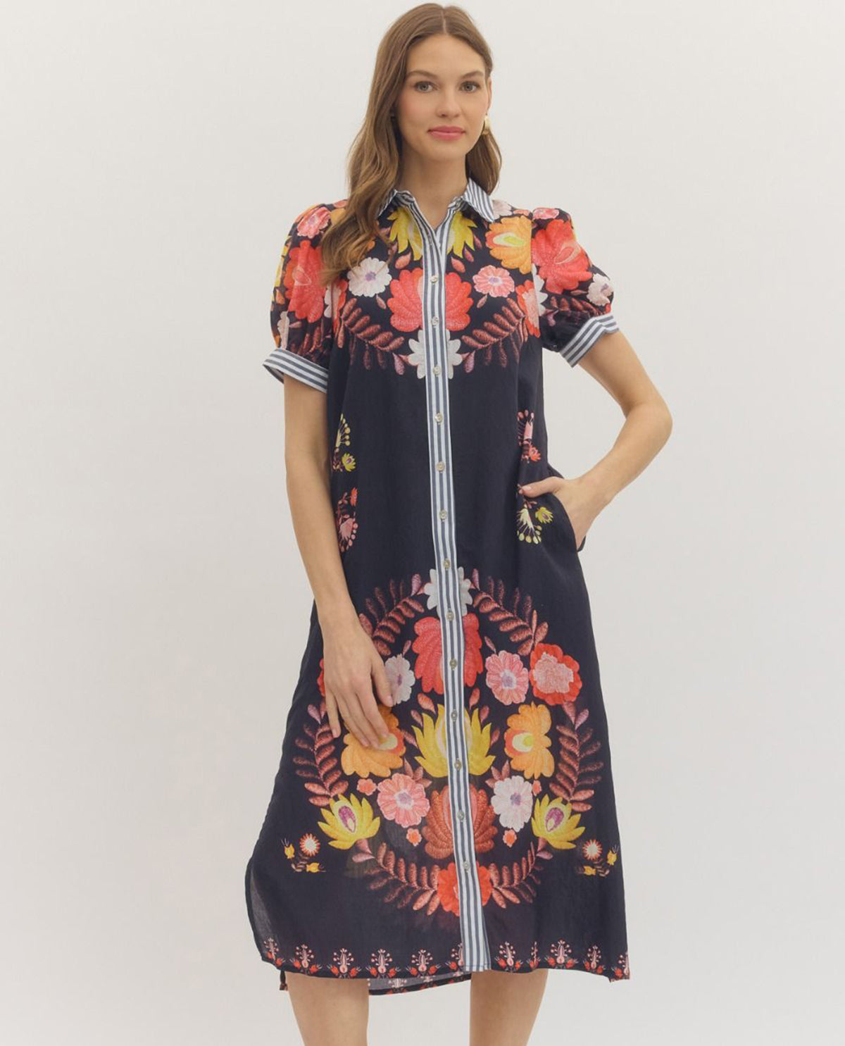Entro Botanical Print Dress With Stripe Trim Navy