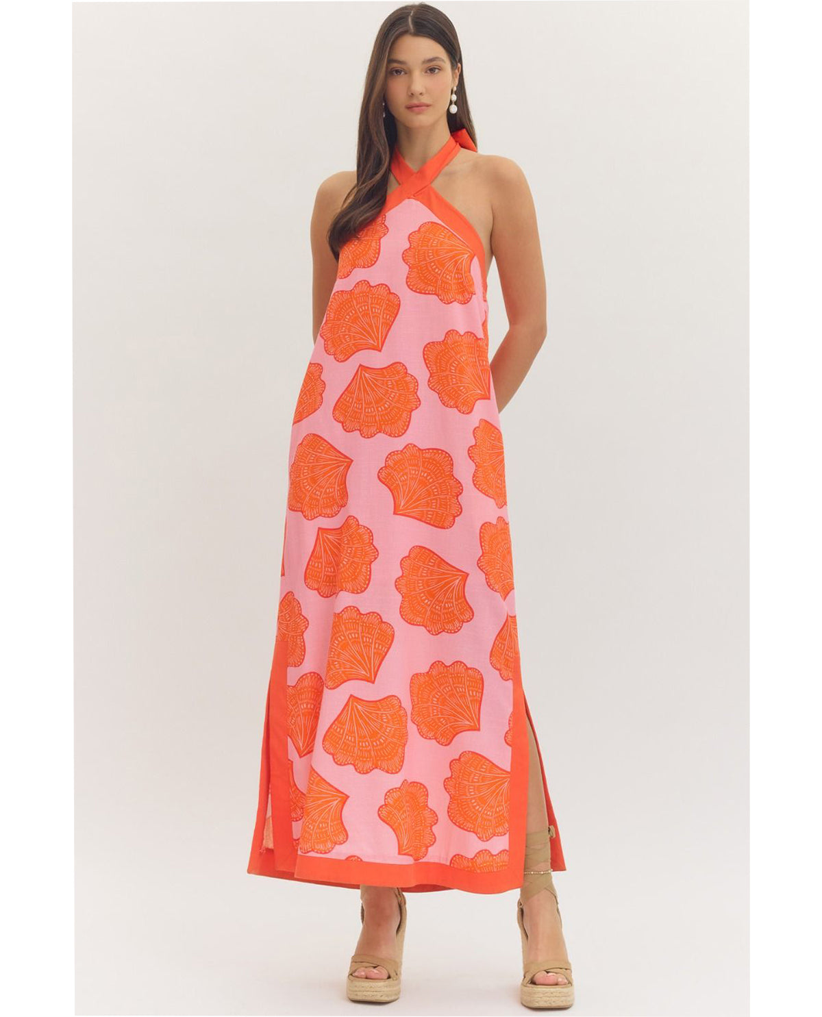 Entro Print Halter Dress With Solid Trim Pink