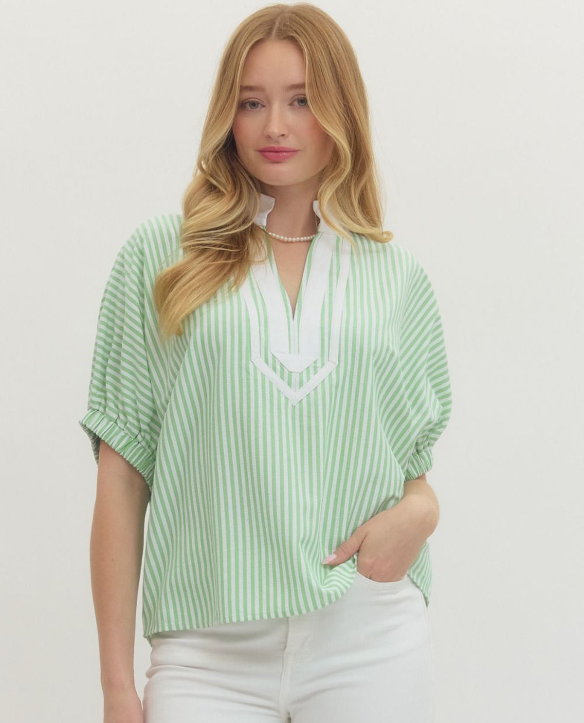 Entro Seersucker Stripe Top With Solid Trim