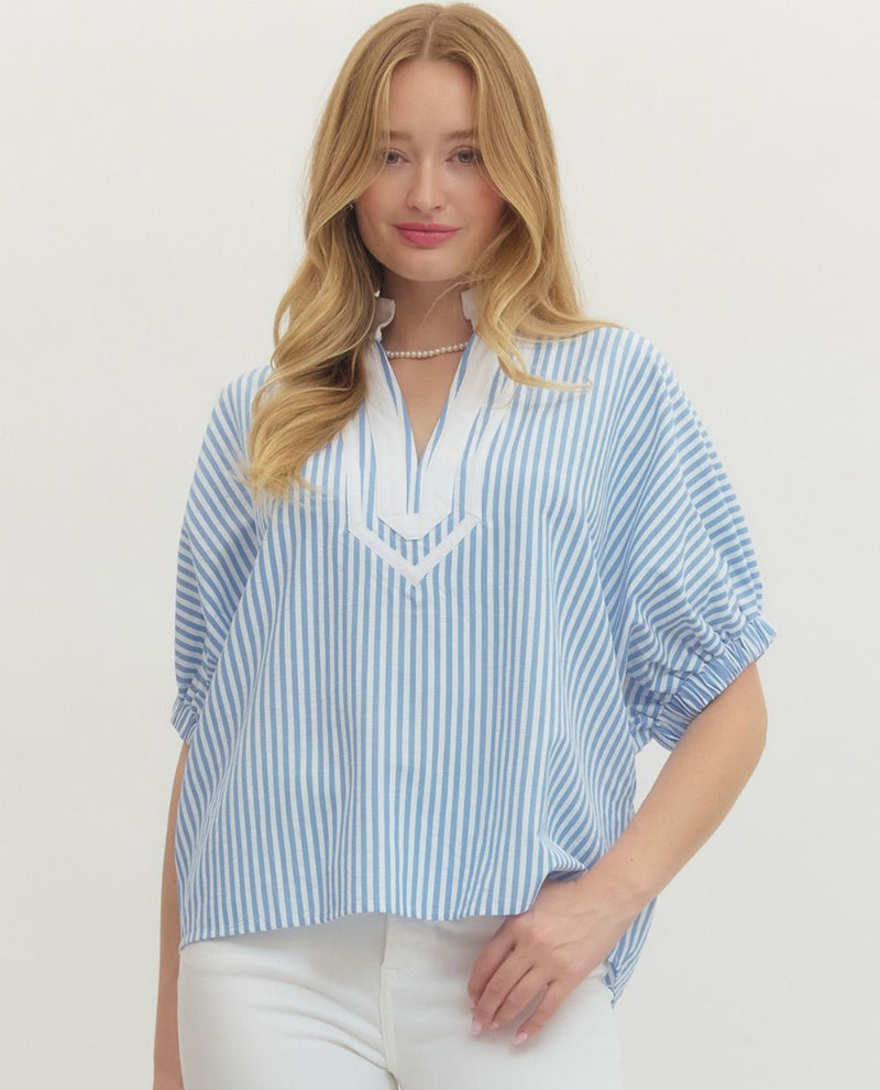 Entro Seersucker Stripe Top With Solid Trim