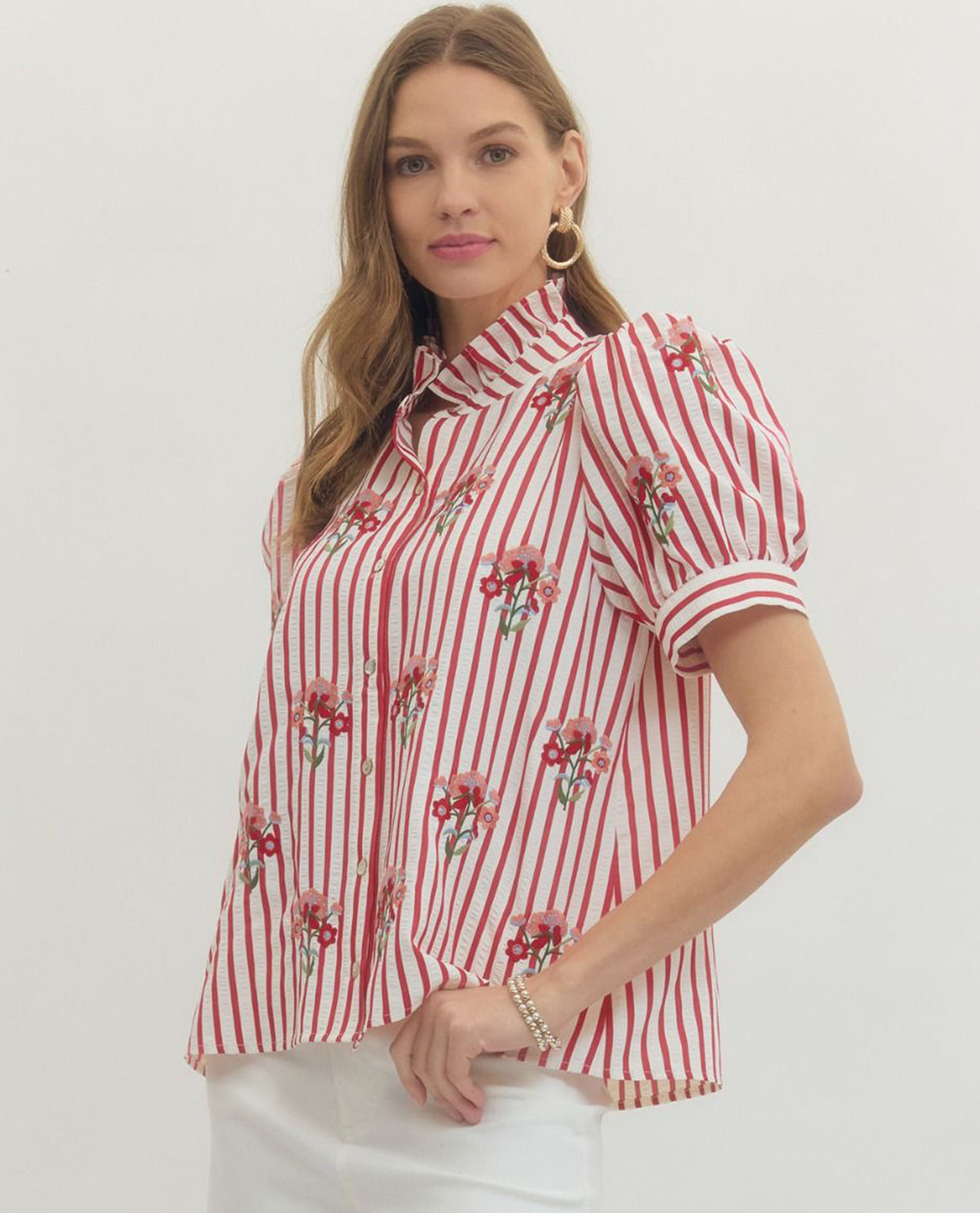 Entro Stripe Top With Floral Embroidery Red
