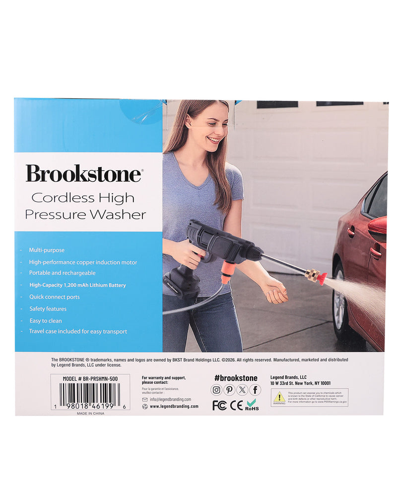 Brookstone Cordless High Pressure Washer retail packaging card, showing a woman using the black and orange cordless washer on a red car in a garage setting.