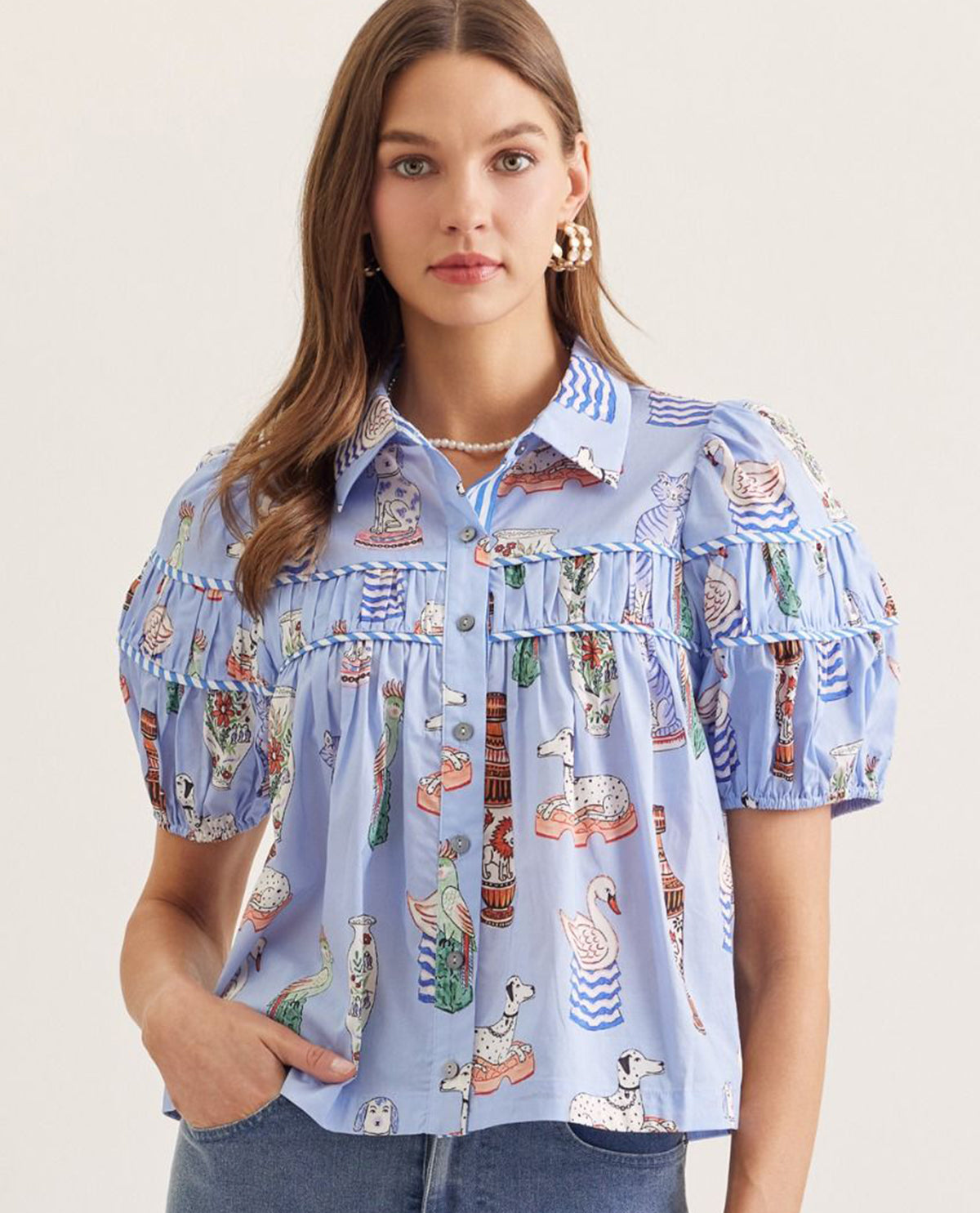 Entro Button Front Top With Tiered Yoke Blue
