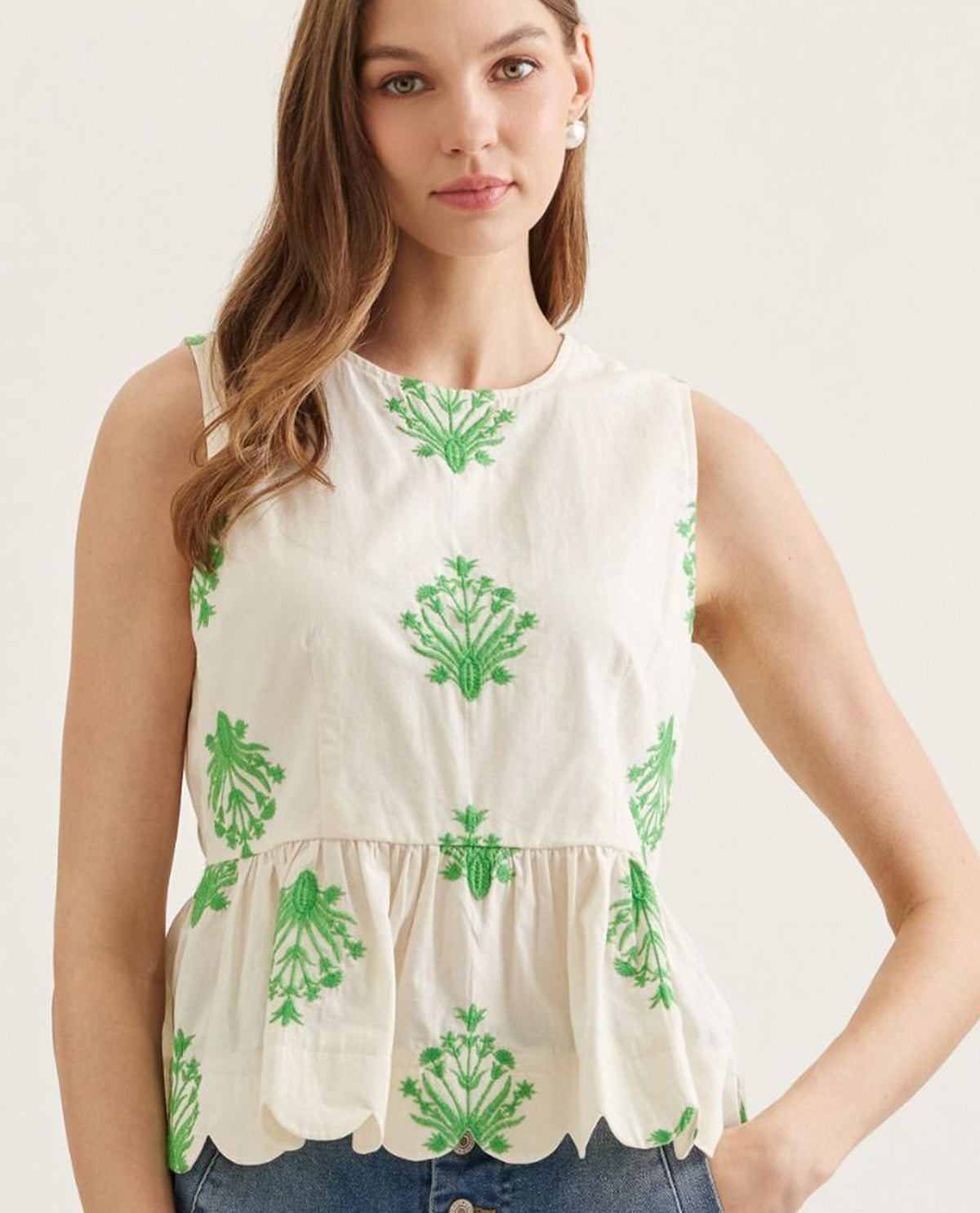 Entro Embroidered Sleeveless Peplum Top Ecru
