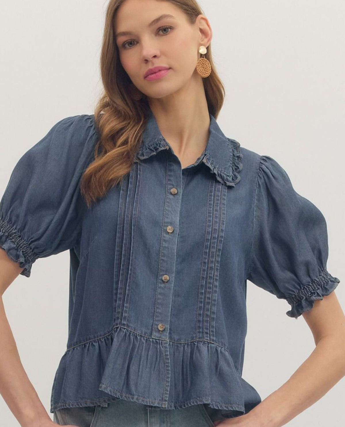 Entro Solid Denim Peplum Top With Pintuck