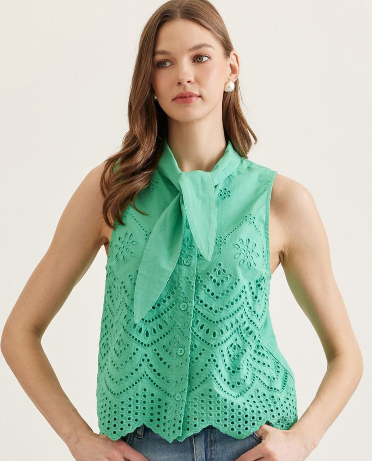 Entro Solid Eyelet Top With Tie Neckline Green