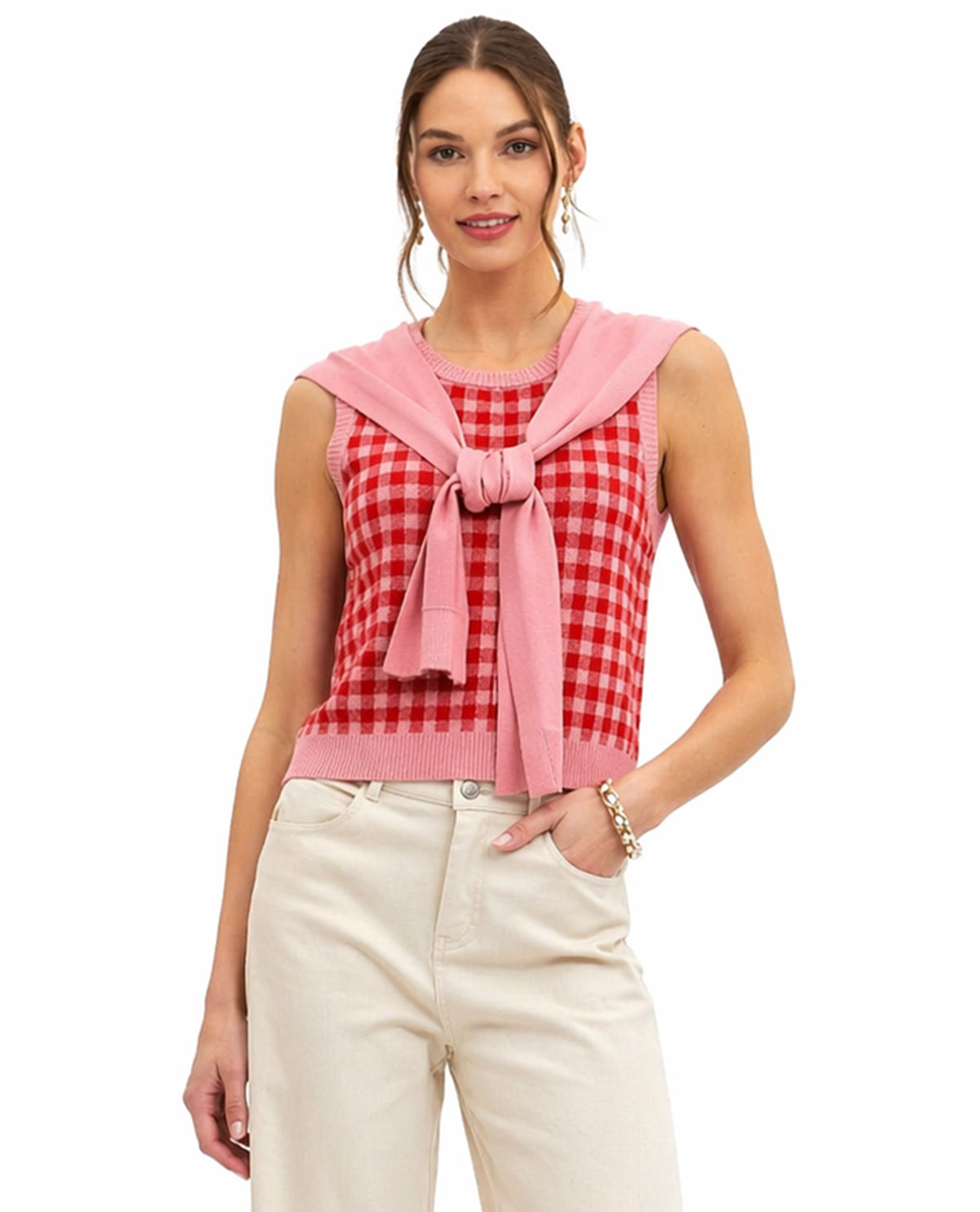 Entro Sleeveless Sweater With Tie Front Pink/Red