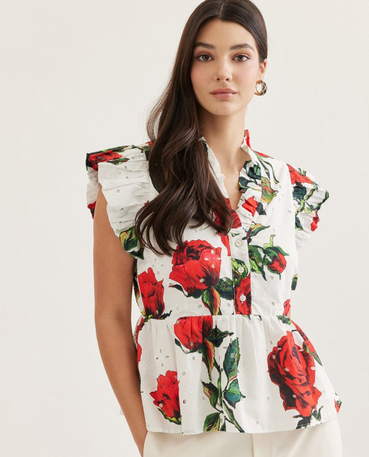 Entro Print Peplum Top Off White