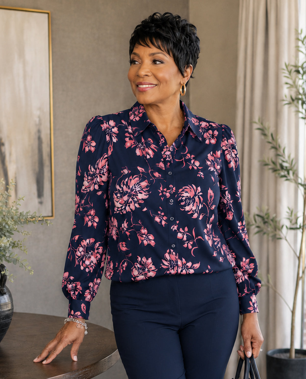 Zac & Rachel Print Crepe Top Navy/Pink