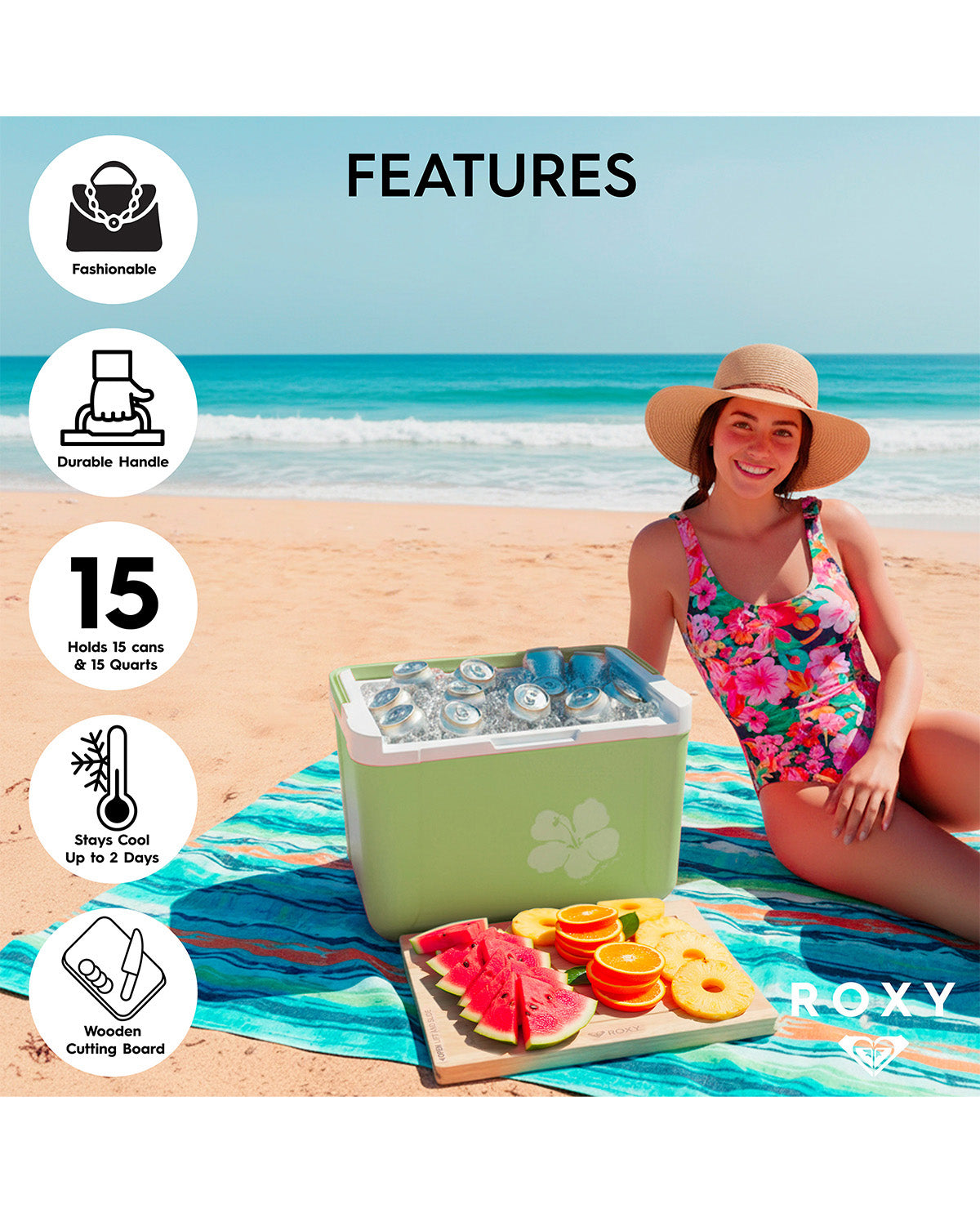 Roxy 15qt W/wooden Lid Cooler Green/Pink