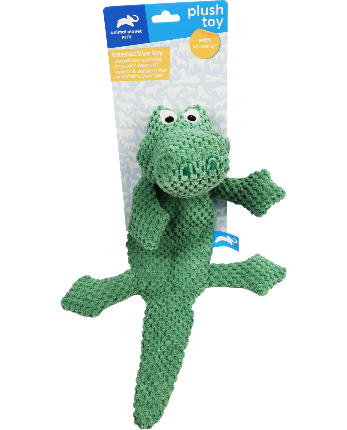 Green plush toy with packaging on a white background