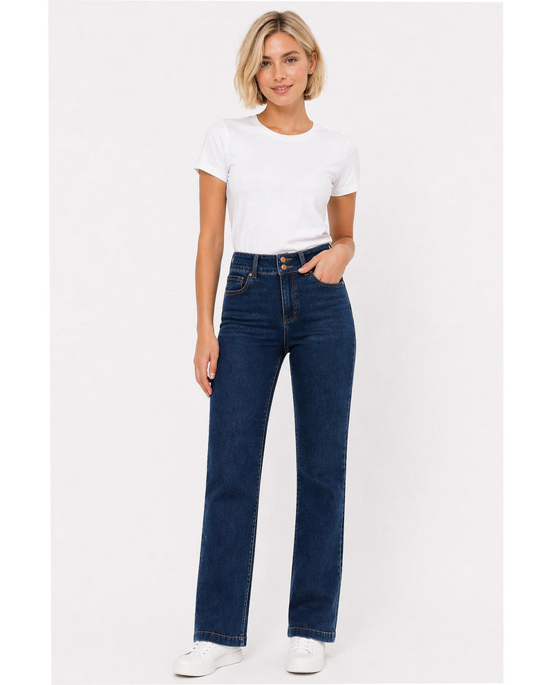Woman wearing a white t-shirt and blue jeans on a white background