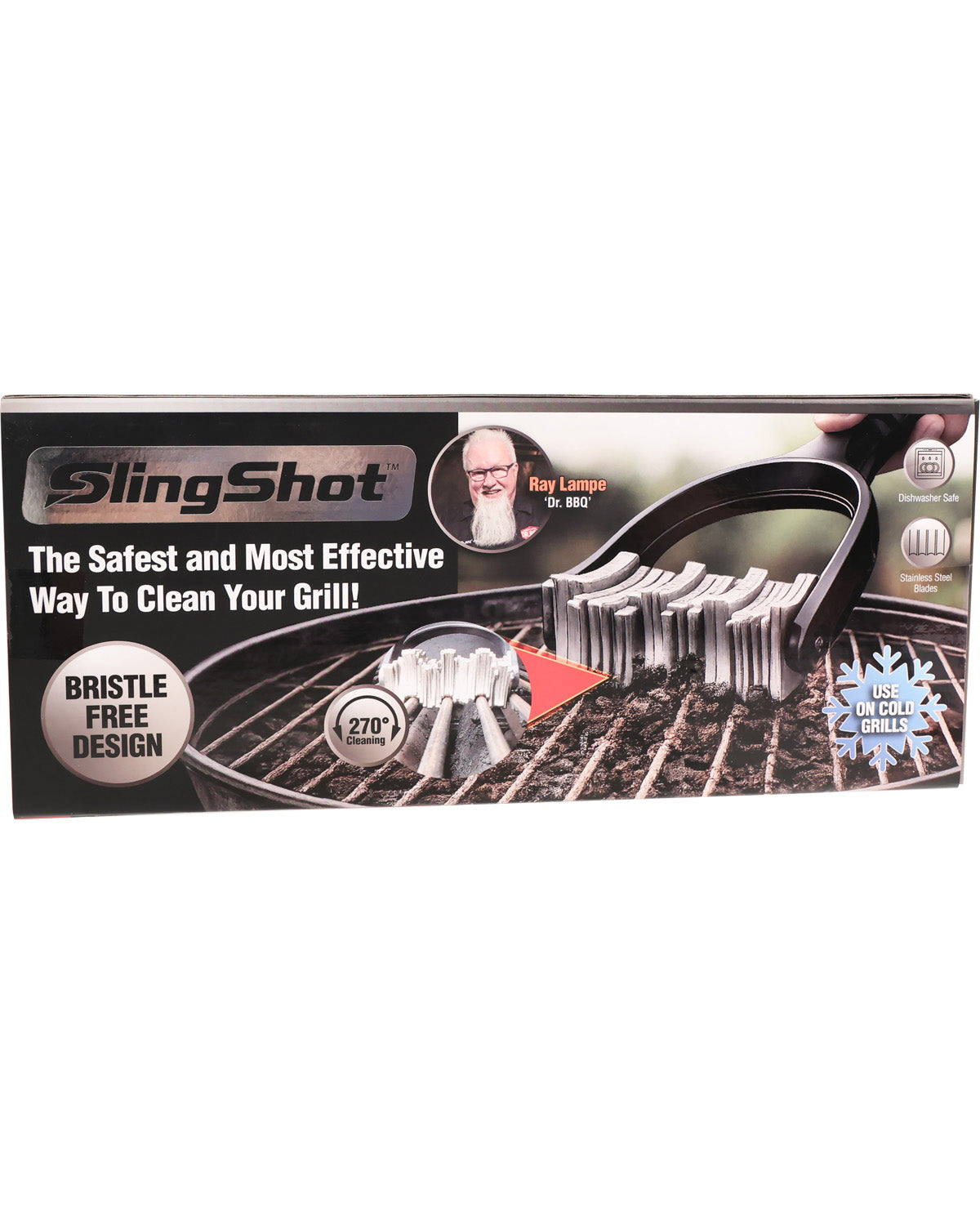 Box of SlingShot grill cleaning tool with branding and product features.