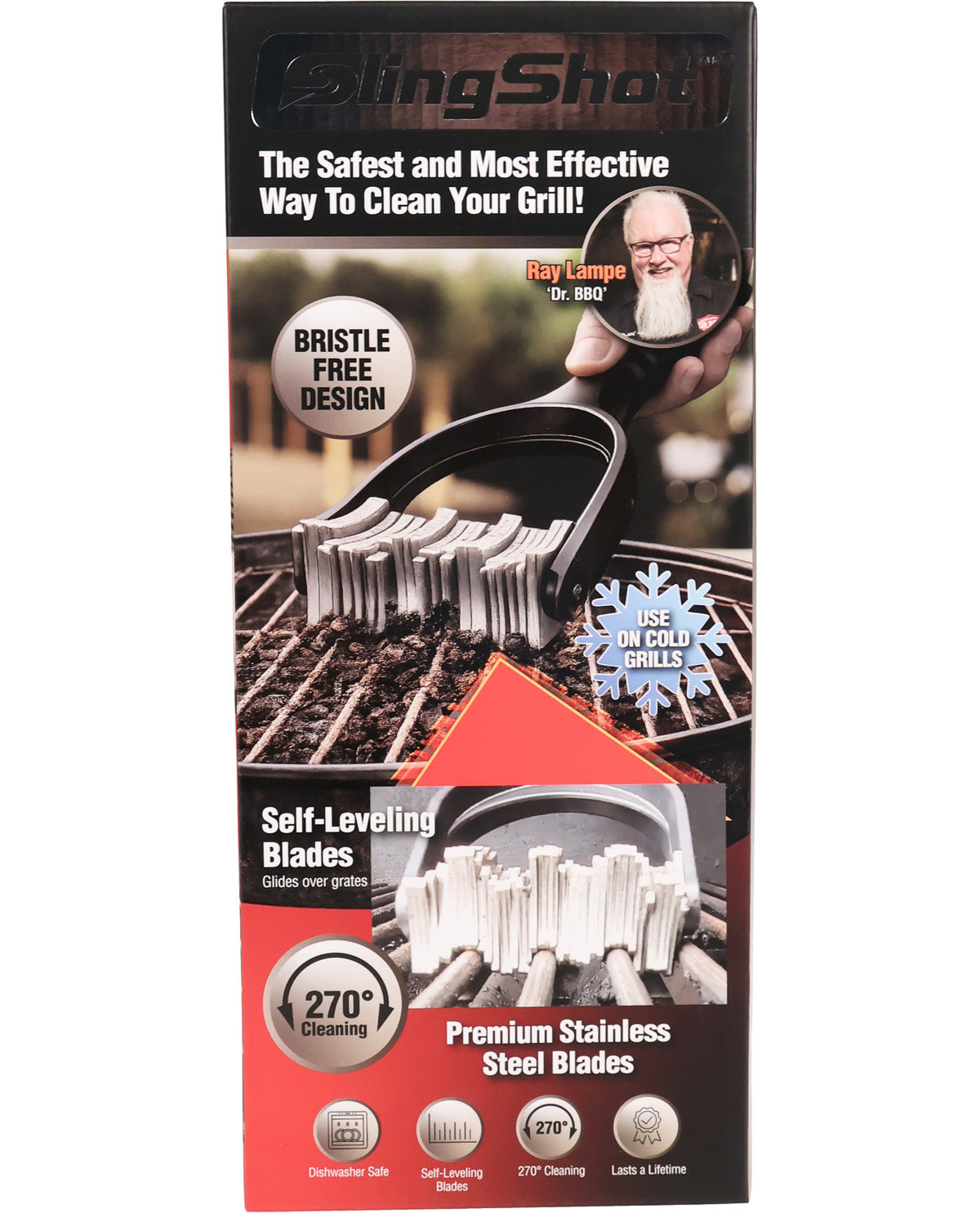 Grill cleaning tool packaging with branding and product features.