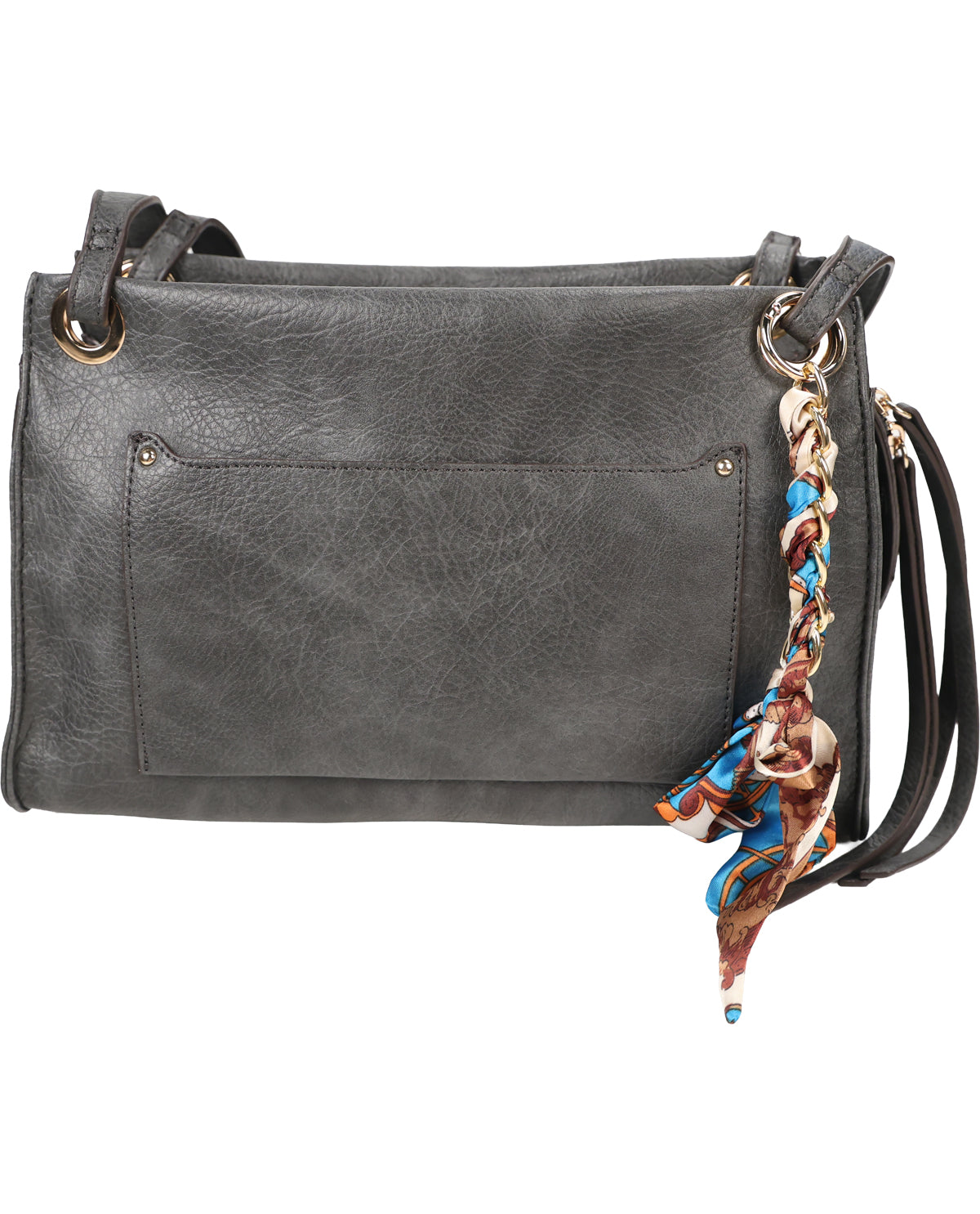 A dark gray textured faux-leather shoulder bag with gold-tone hardware, featuring a decorative multicolor patterned scarf charm hanging from the side ring.