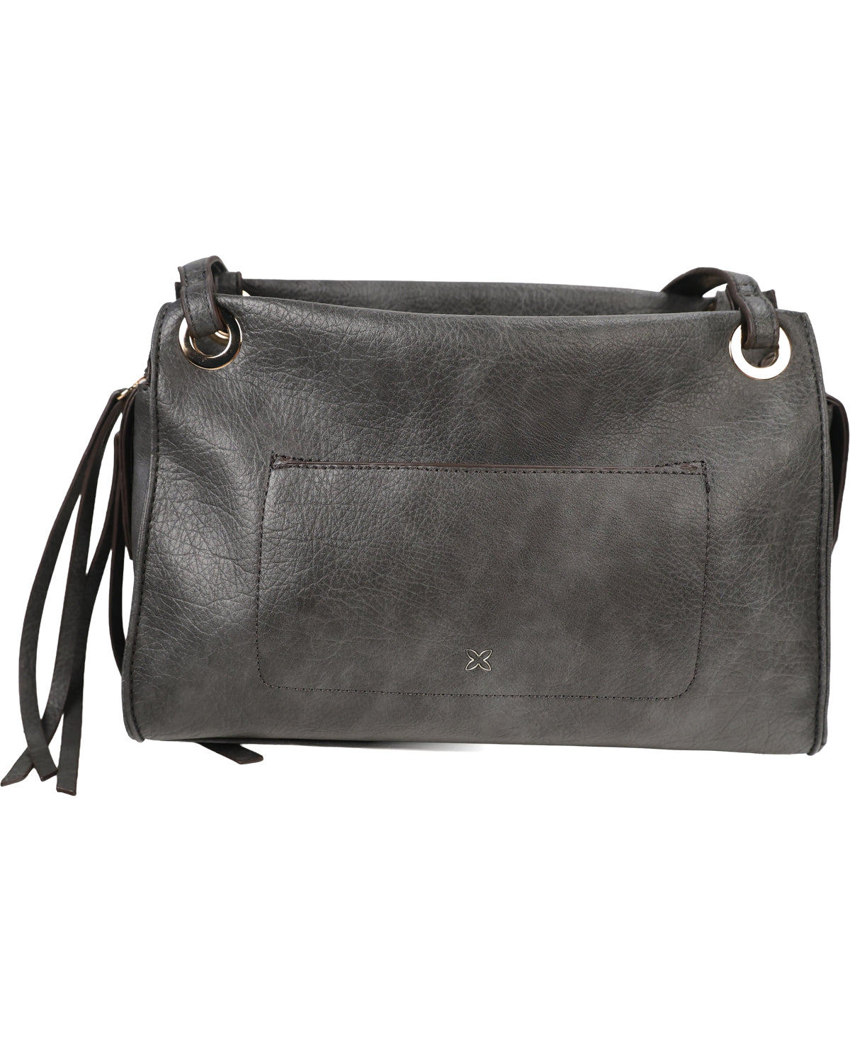 A dark gray faux-leather shoulder bag with a front slip pocket, silver-tone metal grommets, and a small metallic logo at the bottom center, shown against a plain white background.