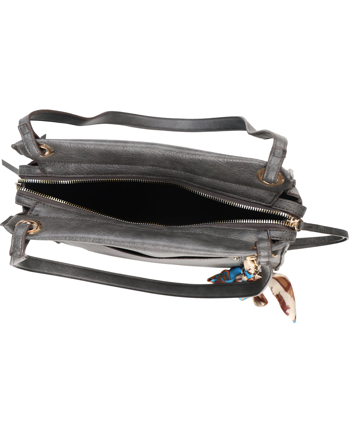 A dark gray textured leather shoulder bag shown from an overhead angle, open to reveal a black interior, with a gold-tone zipper, gold-tone hardware, and a small colorful keychain charm.
