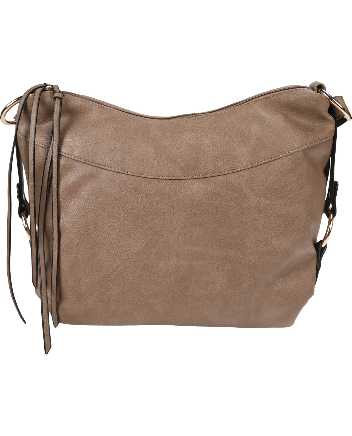 A taupe brown faux-leather hobo shoulder bag with a curved front flap, side fringe details, and gold-tone hardware, shown against a plain white background.