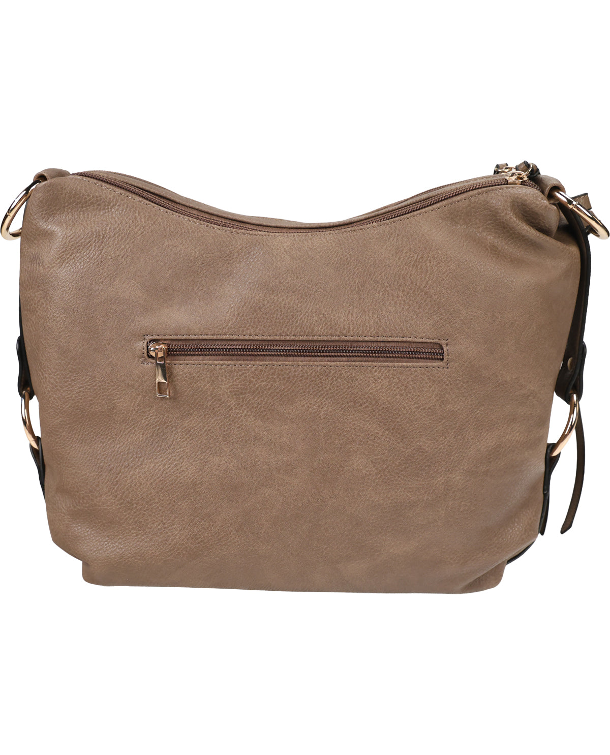 A taupe brown faux-leather hobo shoulder bag with a front zippered pocket and gold-tone hardware, shown against a plain white background.