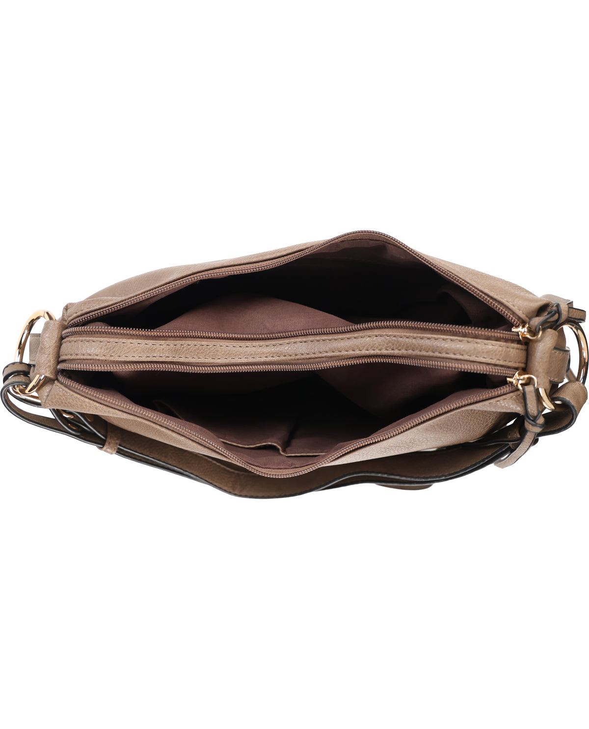 An open taupe-brown shoulder bag with gold-tone hardware, showing its interior lining and zipper compartments against a white background.