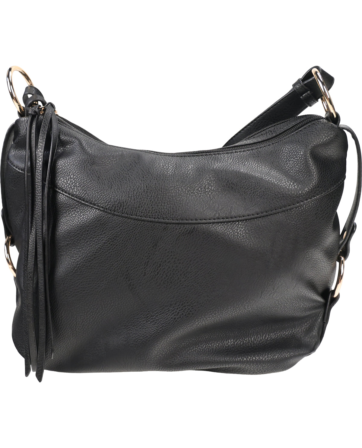 A black pebbled leather shoulder bag with a curved top, a long strap, and a hanging tassel detail, shown against a plain white background.