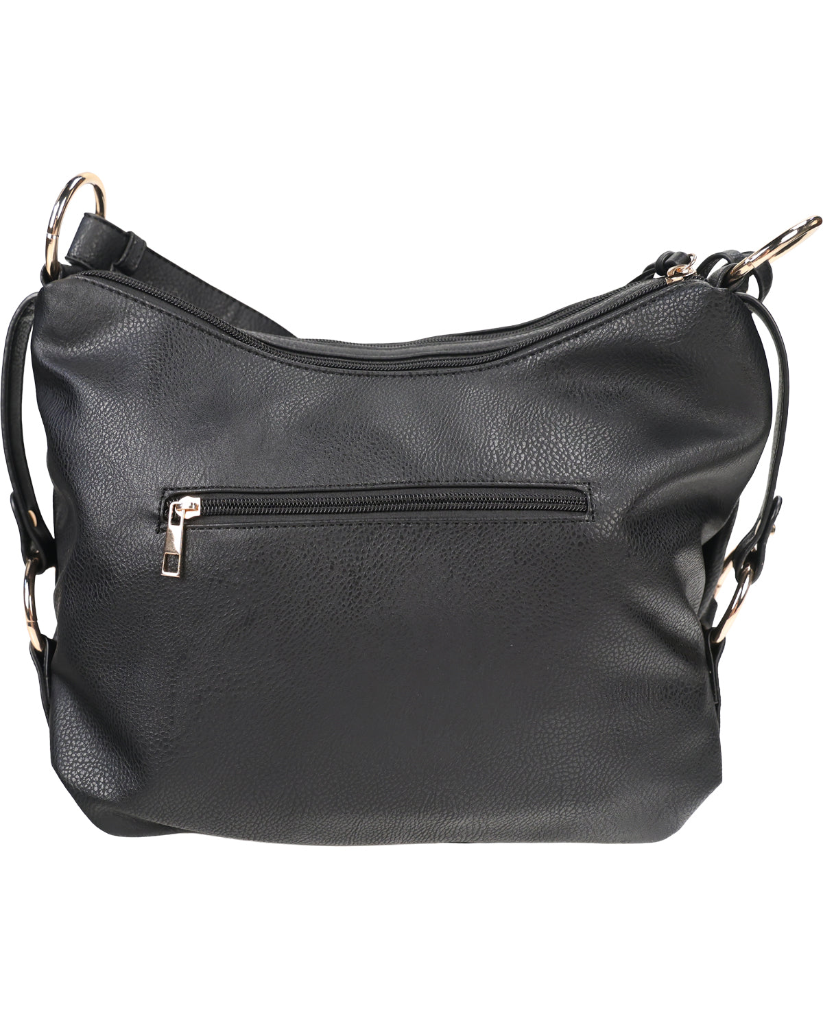 A black pebbled faux-leather hobo shoulder bag with a front zippered pocket and gold-tone hardware, shown against a plain white background.