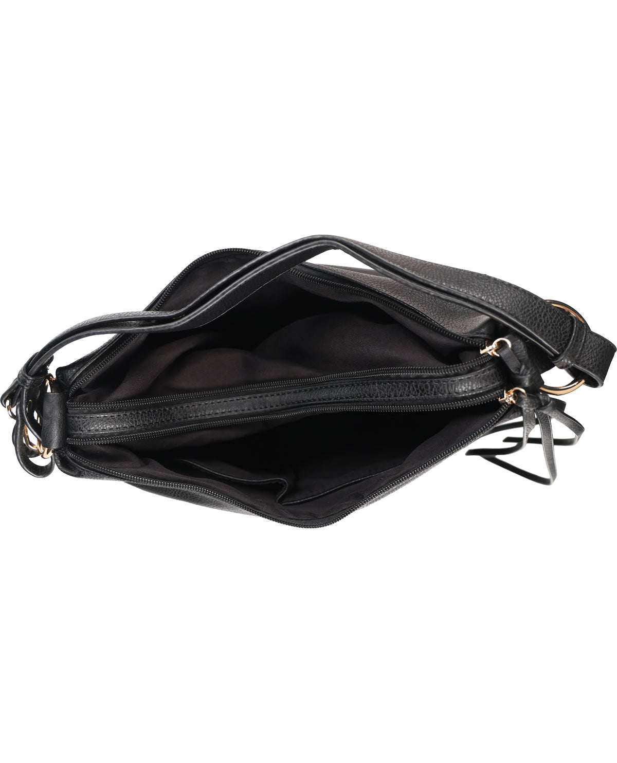 Black leather crossbody bag shown open to display the interior, featuring a zippered compartment and a shoulder strap with gold-tone hardware, set against a plain white background.