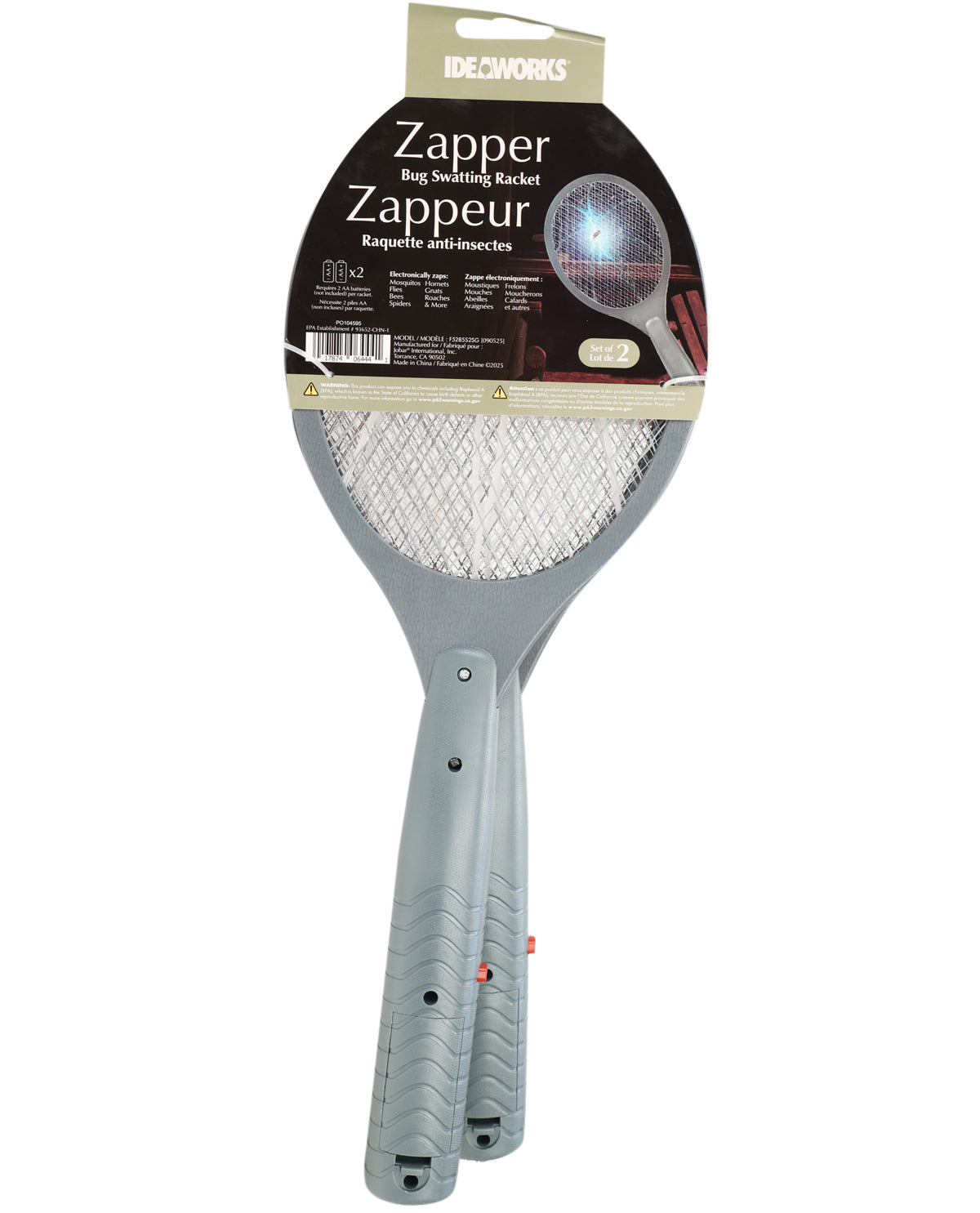 Bug zapper racket with packaging on a white background