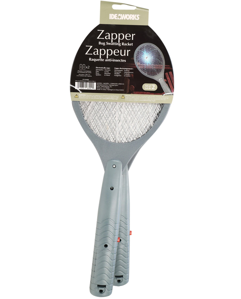 Bug zapper racket with packaging on a white background
