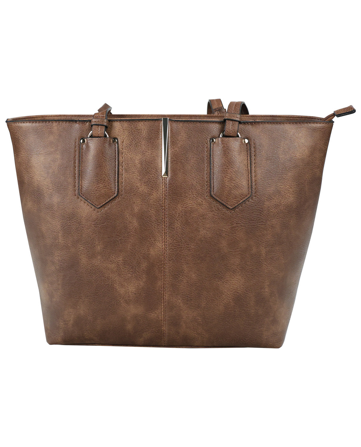 A brown faux-leather tote bag with a distressed finish, featuring dual top handles, a central vertical seam, and two decorative front tab details.